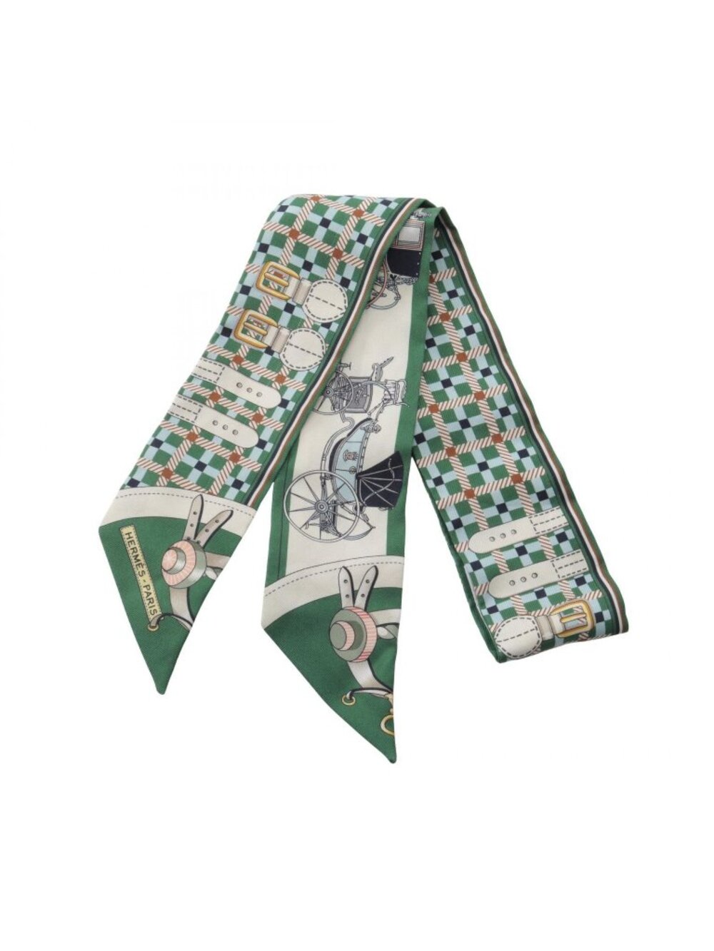 Hermes Scarf Twilly les Voitures Transformation Ribbon Green Silk
